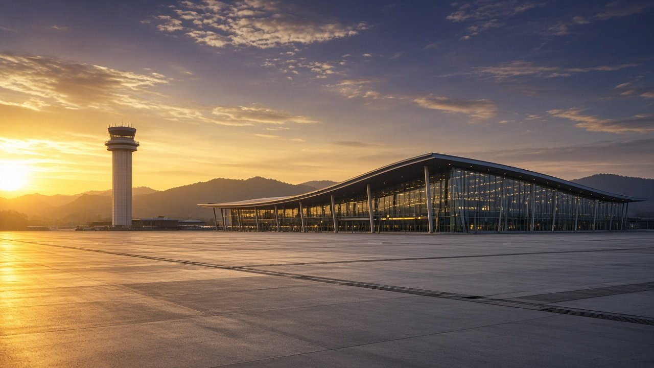 Noida International Airport terminal at golden hour